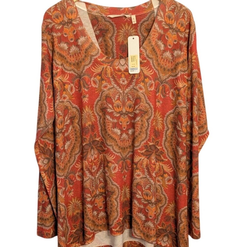 Soft Surroundings XL Paisley Print Long Sleeve Top Rust/Orange Polyester/Spandex